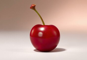 Single, plump, glistening cherry with stem
