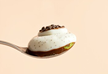 A spoonful of layered chia seed pudding against a simple background