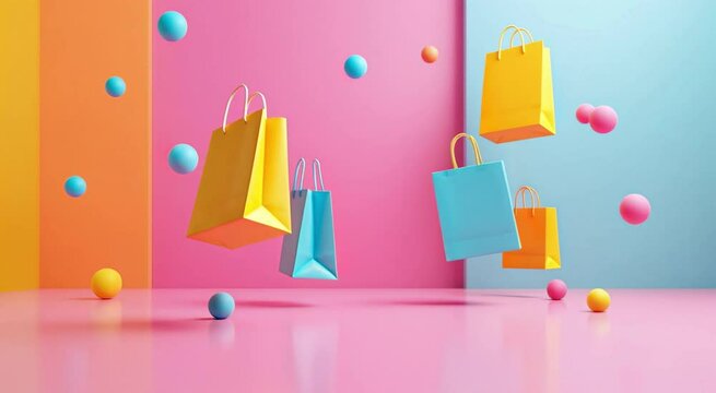 Floating colorful shopping bags and spheres in abstract modern composition