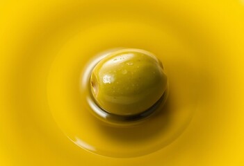 Single green olive in a small pool of olive oil