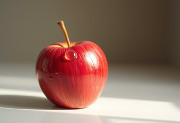 Polished red apple with single water droplet