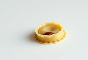 A single, perfectly formed raviolo with a hint of filling showing