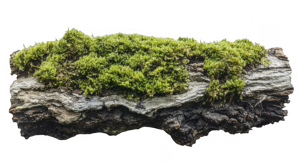 Green moss growing on a weathered log on a transparent background, PNG image, PNG file.