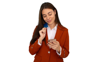 Smiling businesswoman holding credit card and using smartphone for online shopping, isolated on...