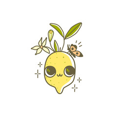 Cute Lemon Character looks at butterfly. Cartoon Lemon Fruit with funny face. Adorable mascot vector illustration. 