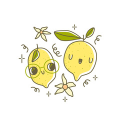 Cute Couple Lemon Characters Vector Illustration. Cartoon Lemon Fruit with funny face. Happy mascot and flowers, friends