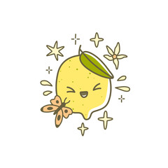 Cute Lemon Character and butterfly vector illustration. Cartoon Lemon Fruit with funny face. Happy mascot