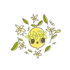Cute Lemon Character with flowers vector illustration. Cartoon Lemon Fruit with adorable face. Happy mascot