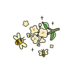 Cute cartoon bee and flowers. Kawaii vector illustration with outline honeybee, blossom, buzzing and pollination scene in a spring garden