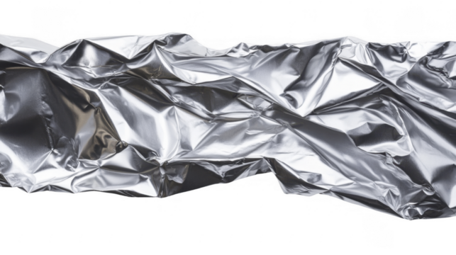 Crinkled sheet of shiny silver foil on a transparent background, PNG image, PNG file.