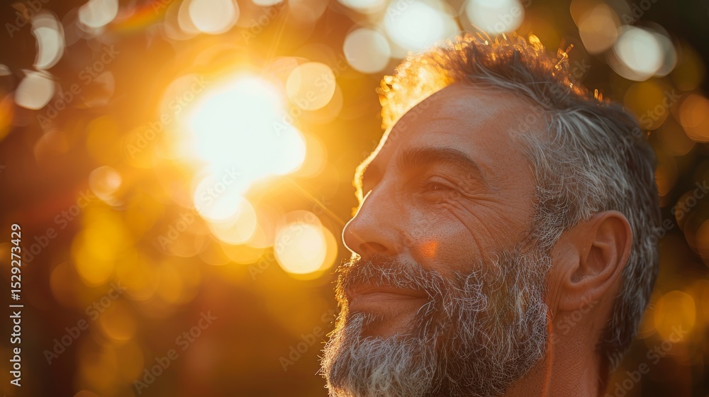 Aufkleber a bearded man enjoys the golden glow of the sun setting behind him, capturing a moment of tranquilit