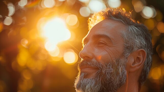 A bearded man enjoys the golden glow of the sun setting behind him, capturing a moment of tranquility and reflection in nature, surrounded by soft bokeh lights.