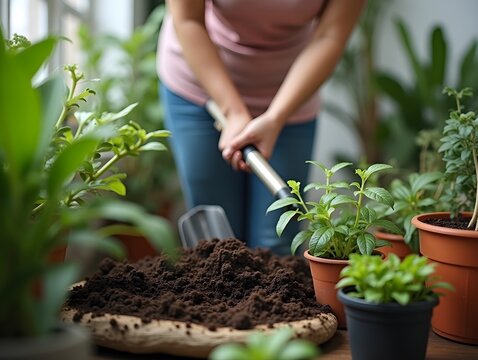 Person gardening with shovel among potted green plants in casual indoor setting natural calm atmosphere