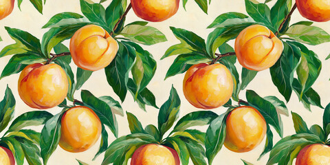 Elegant botanical seamless pattern. Vintage painted background with ripe peaches fruit, leaves, branches. Repeated summer illustration. Repeating design for print, decor, tablecloth, wrap, wallpaper