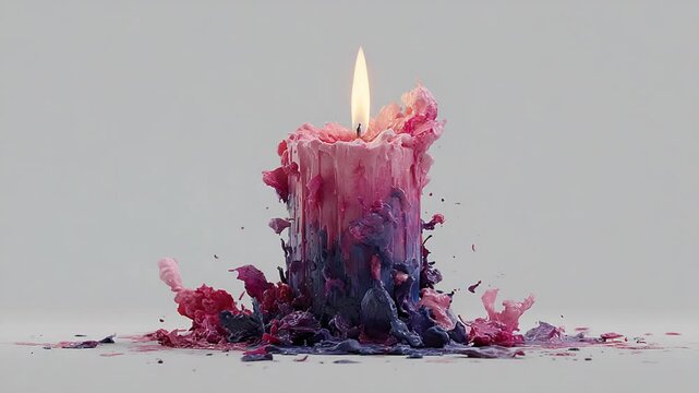 Pink and Purple Melting Candles with Flickering Flames on a Seamless White Background