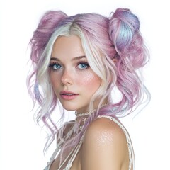 Pastel hair color ideas: blonde and pink hair dye with glitter and space buns for a cute hairstyle