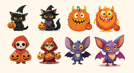 Obraz premium Set of cute cartoon halloween monsters and pumpkins. Vector illustration.