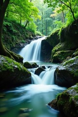 Serene waterfall cascades over mossy rocks, lush green forest backdrop, water, ecology, outdoor