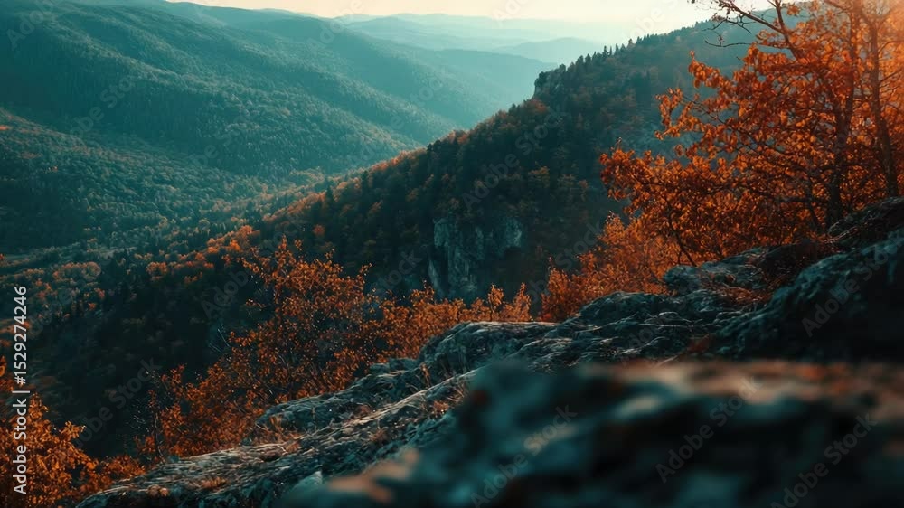Poster a scenic view of a mountain range with trees in the foreground, great for outdoor or nature-related 