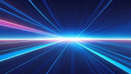 An abstract image with glowing blue and pink lines converging towards a bright light, suggesting speed