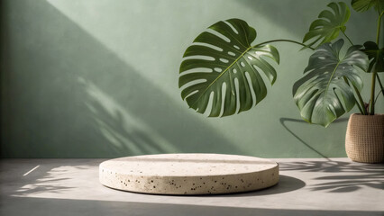 Olive Green Studio Background with Monstera Leaf Shadow and Display Stand