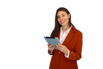 Professional businesswoman working on digital tablet, transparent background highlighting sleek corporate workspace