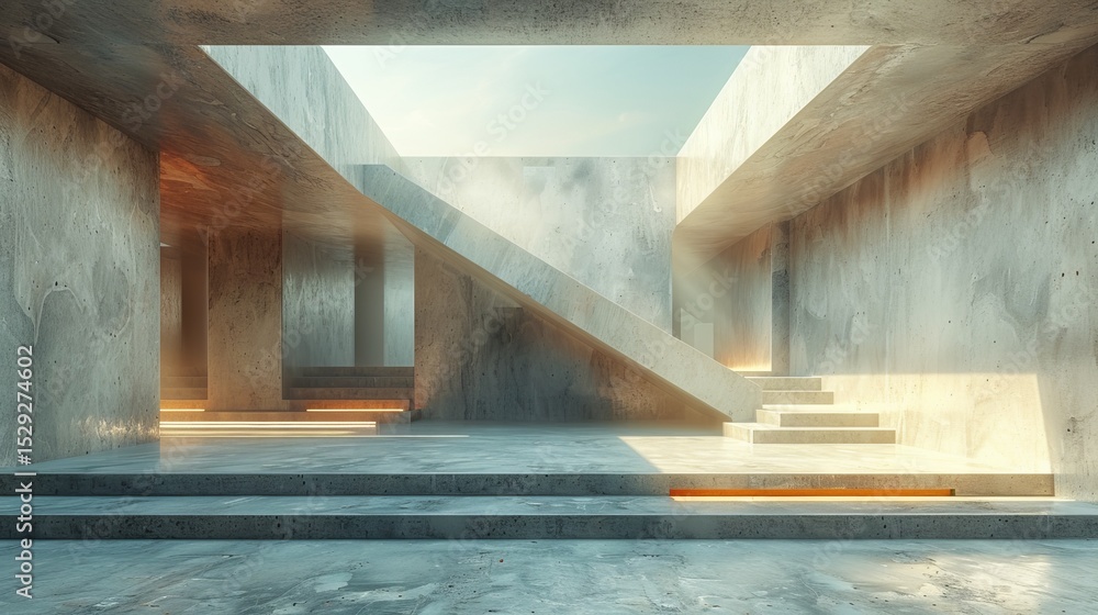 Aufkleber an abstract view of minimalistic concrete architecture featuring light reflections that play across 