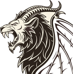 Obraz premium Fantasy chimera with lion, goat, and serpent heads, fierce look and dark comic design, isolated RPG beast for monster themes