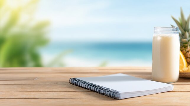 Fresh pineapple smoothie with a notebook on a wooden table by the beach in bright sunlight