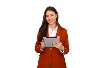 Professional businesswoman smiling, working on digital tablet, embodying corporate success with sleek modern style against neutral backdrop