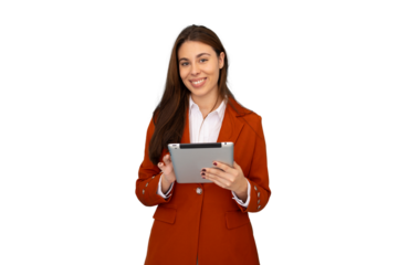 Professional businesswoman smiling, working on digital tablet, embodying corporate success with sleek modern style against neutral backdrop