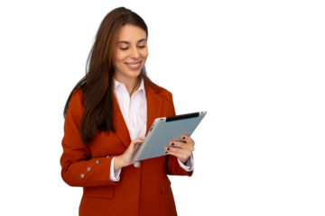 Professional businesswoman smiling, working on digital tablet, wearing vibrant orange suit and crisp white shirt