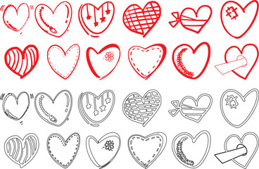 Zen art hearts vibrant doodle collection isolated on white background. Saint valentine's day cute bright pink template. Trendy set of different fill-in heart shapes with various patterns and ornaments