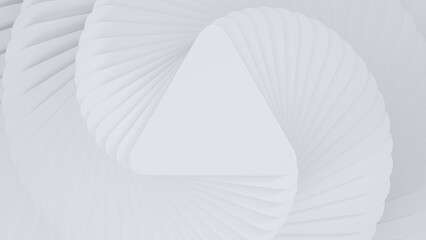 Naklejka premium Abstract white twisted triangle layered, triangle steps top view. Modern, trendy, minimal white and gray empty space background for product promotion. Abstract white geometric background. 3d render