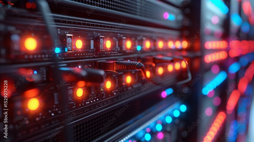 Aufkleber an intricate view of server racks illuminated with colorful led lights, showcasing technology and mo