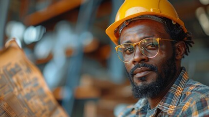 A focused man wearing a hard hat and glasses intently examines architectural plans, embodying determination and professionalism in a workshop environment filled with tools.