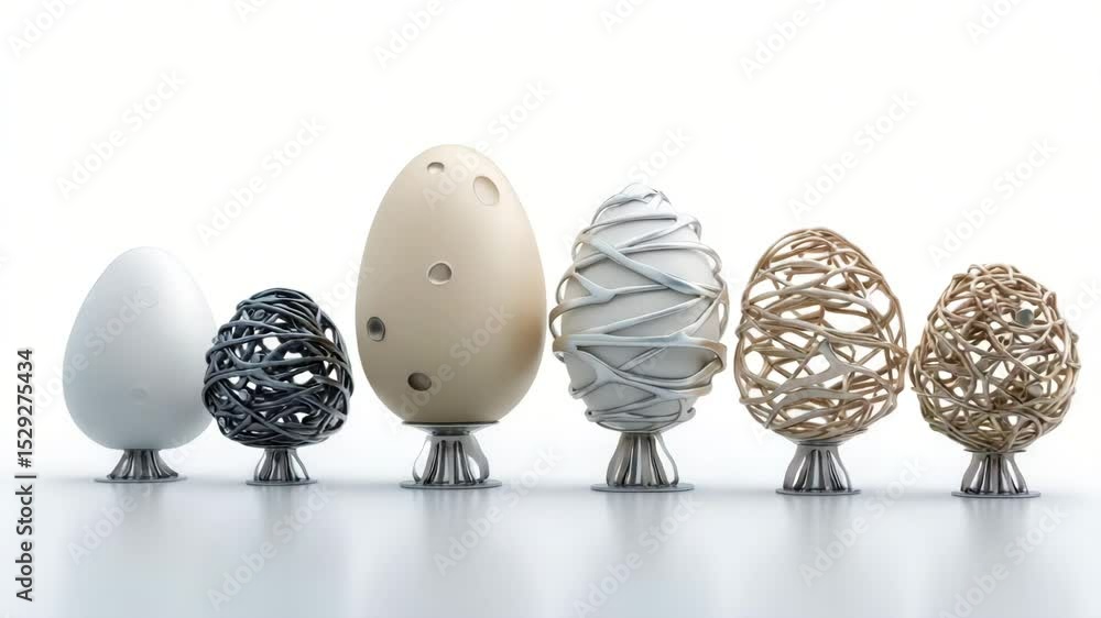 Poster A series of eggs with different textures and materials, arranged in an elegant display on minimalist stands against a white background. The eggs range from simple to more complex Easter designs.