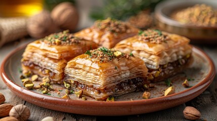 A beautifully arranged plate of baklava, glistening with syrup and topped with nuts, exemplifying the intricate craftsmanship of this delicious traditional dessert.