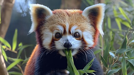 Red panda munching bamboo leaves