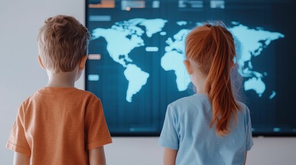 Children Interacting with AI Powered Educational Tools in a Bright Classroom Setting  Students engaged in hands on technology driven learning exploring new frontiers of knowledge and discovery