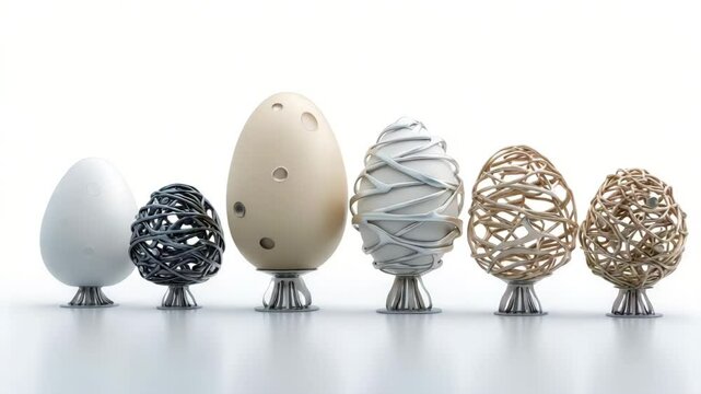 A series of eggs with different textures and materials, arranged in an elegant display on minimalist stands against a white background. The eggs range from simple to more complex Easter designs.