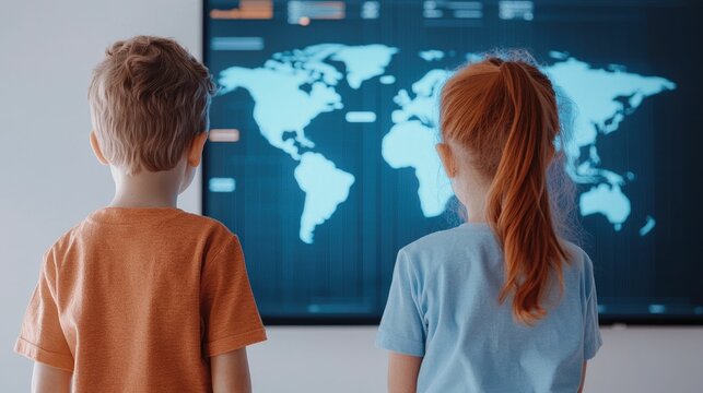 Children Interacting with AI Powered Educational Tools in a Bright Classroom Setting Students engaged in hands on technology driven learning exploring new frontiers of knowledge and discovery