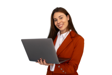 Professional businesswoman gripping laptop, beaming confidently, transparent backdrop highlighting corporate technology theme