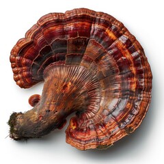Reishi mushroom reveals its vibrant colors and intricate patterns on the left side composition