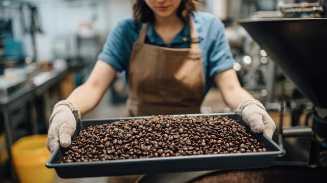 A female coffee roaster wea gloves carefully holds a tray full of freshly roasted aromatic coffee beans inside a busy coffee roasting facility or factory.