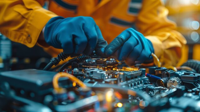 A skilled technician meticulously repairs machinery, showcasing the intricacies of engineering and technology amidst a vibrant, bustling workshop environment filled with tools and light.