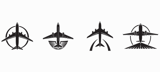 Aircraft Silhouette Logo Icons. Jet Plane Logo Elements Collection, silhouette airplane icon bundle. A premium set of airplane top-view vector icons designed in silhouette style