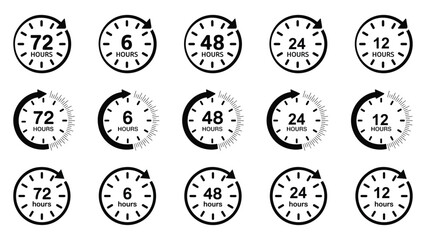 Hour Timer Icon Set – 6, 12, 24, 48, 72 Hour Countdown Clock Symbols for Delivery, Warranty, and Time. 6, 12, 24, 48, 72 Hours Clock Arrow. Transparent Background