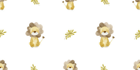 Seamless watercolor safari pattern with cute lion and tropical leaves. Jungle animal design for baby fabric, nursery decor and kids textiles.