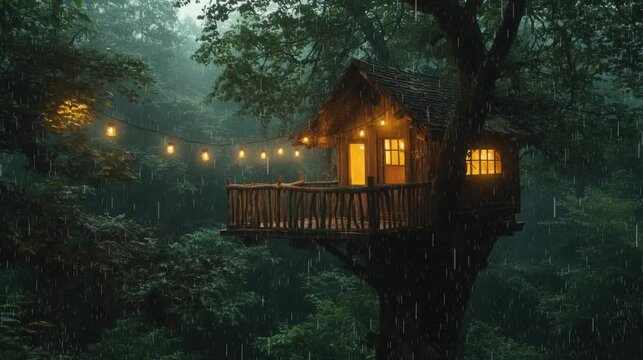 A cozy treehouse glows with warm light as rain pours down in peaceful forest, creating serene and magical scene.